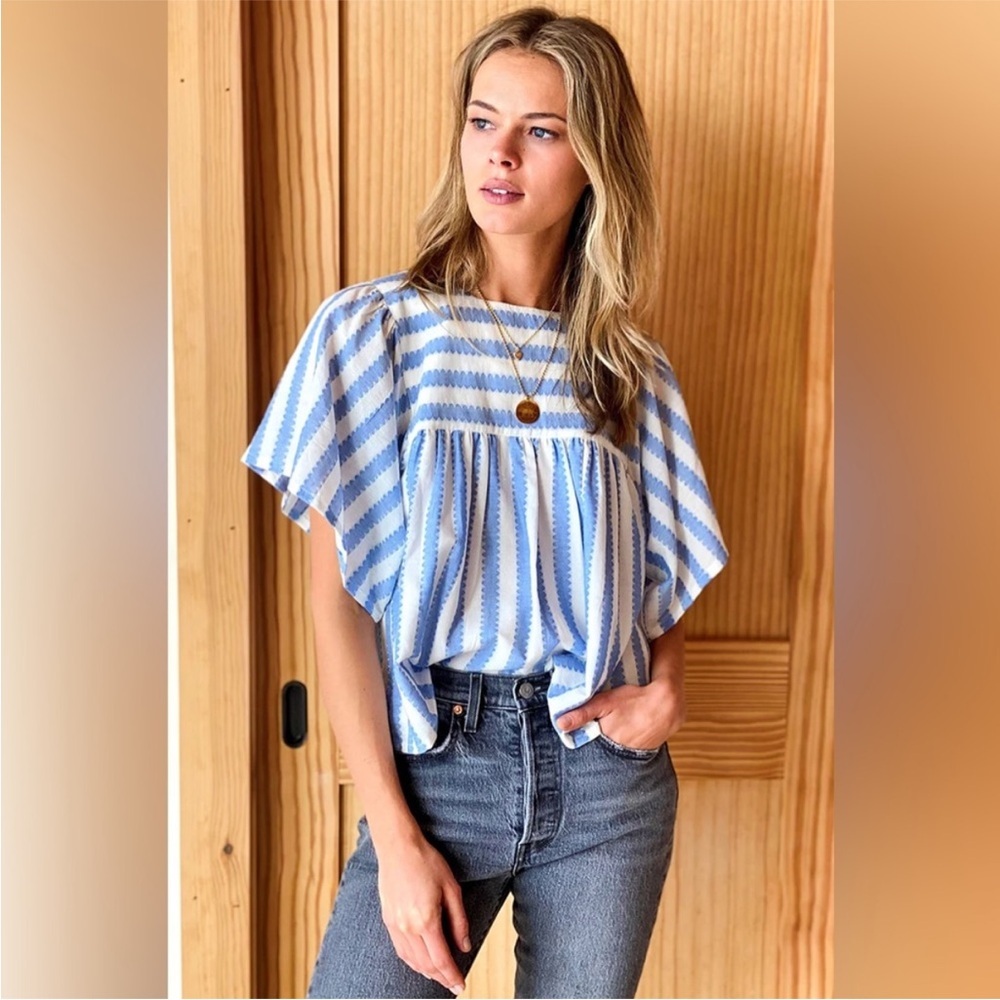 Emerson Fry Blouse Basalie Short Sleeve in Blue Striped - Picture 3 of 8